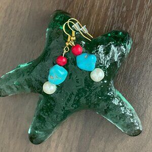 Turquoise Red Howlite & Pearl Pierced Earrings